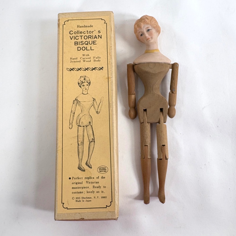 Shackman Victorian Bisque Doll Tan Jointed Wood Body Handmade Japan 3315